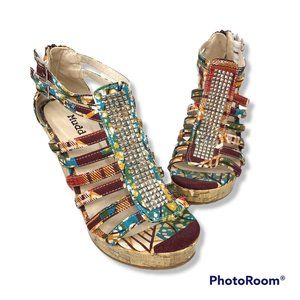 Mudd Womens Cork Wedge Sandal Size 7 Multicolor Fabric with Bling Boho T…